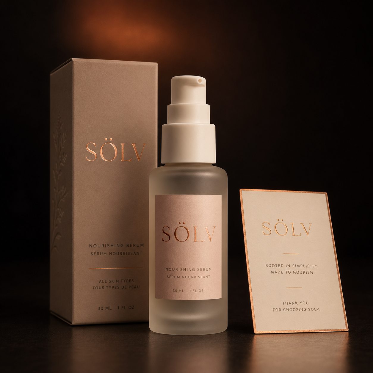 Skincare serum bottle with printed carton and insert card